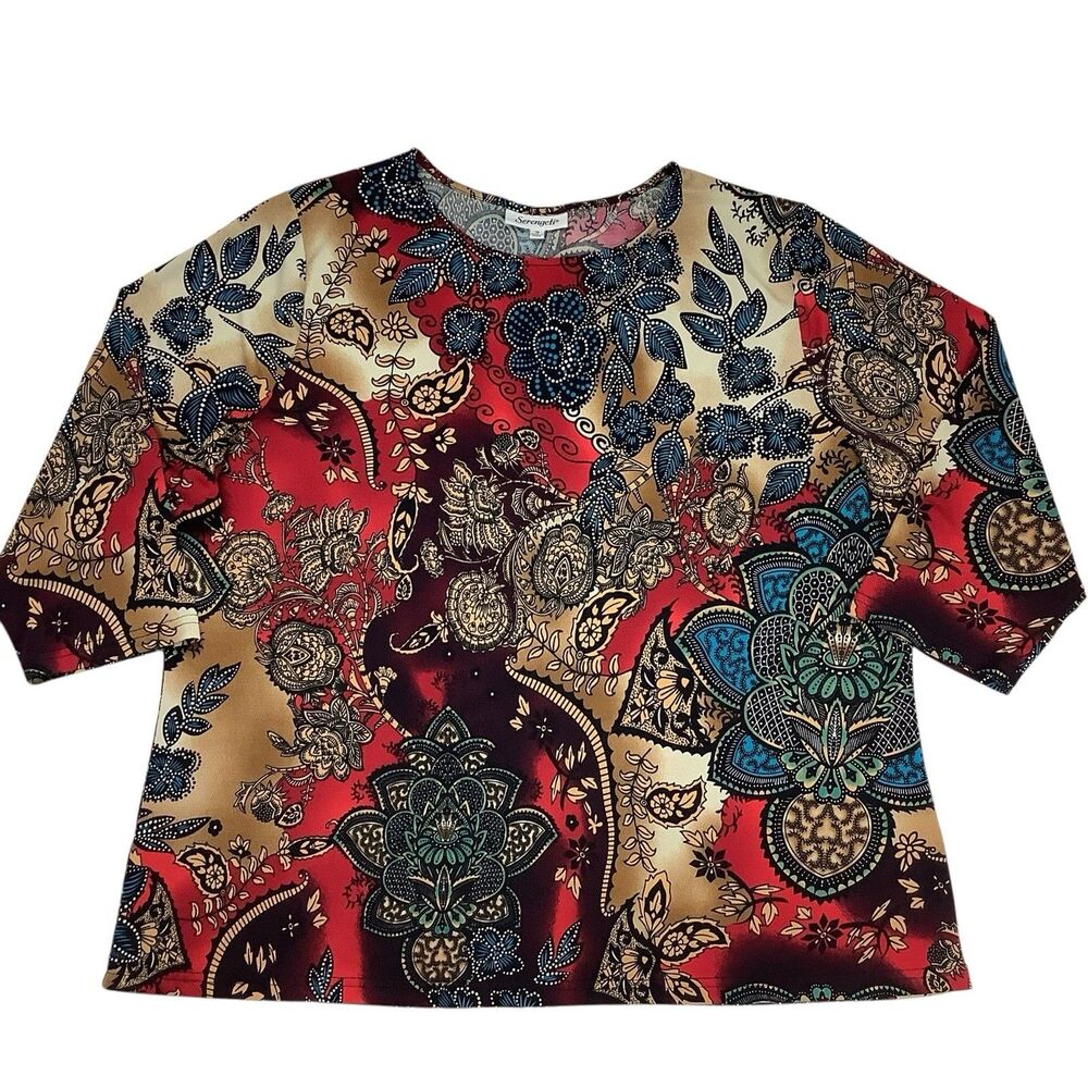 Serengeti Women Knit Top 1X 3/4 Sleeves Floral Paisley Red Multicolor Artsy Art